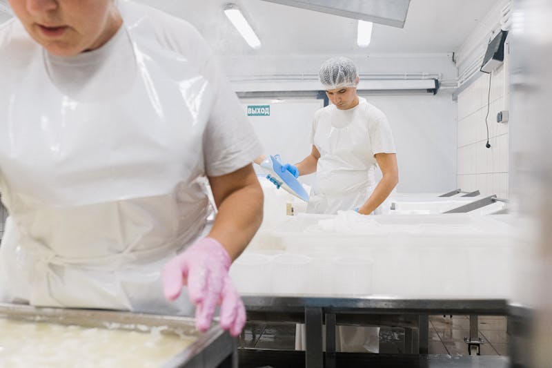 Tim produksi makanan di dapur pabrik yang steril